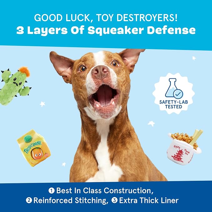 BarkBox Fresh Squeaked OJ Dog Toy – 2-in-1 Plush Toy with Crinkle Carton & Squeaky Tennis Balls – Interactive Fetch & Treat-Hiding Toy for Medium Dogs