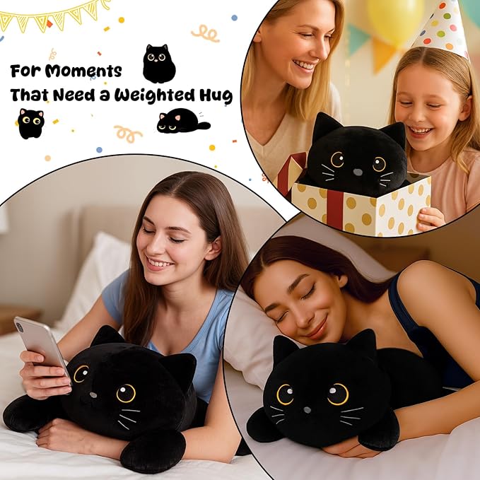 SQEQE Weighted Stuffed Animals Black Cat, Weighted Black Cat Plush, Plushies for Cozy Comfort, Soft Black Cat Pillow Toy for Kids Adults, Christmas & Valentines Gift 23.6 Inch 3.8 Lbs