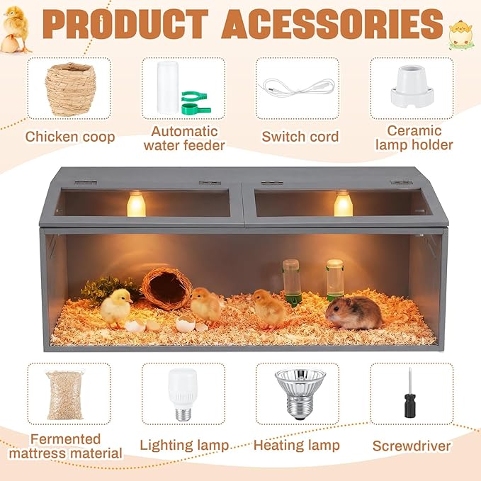 CroBlissful 40 x 16 x 16 in Brooder Kit Box for Chicken Quails Indoor Outdoor with Leg Stand Sliding Door, Bulb Set and Feeder, Baby Chicken Coops for Ducks, Hamsters, Lizards, Mice, Rat(Grey)