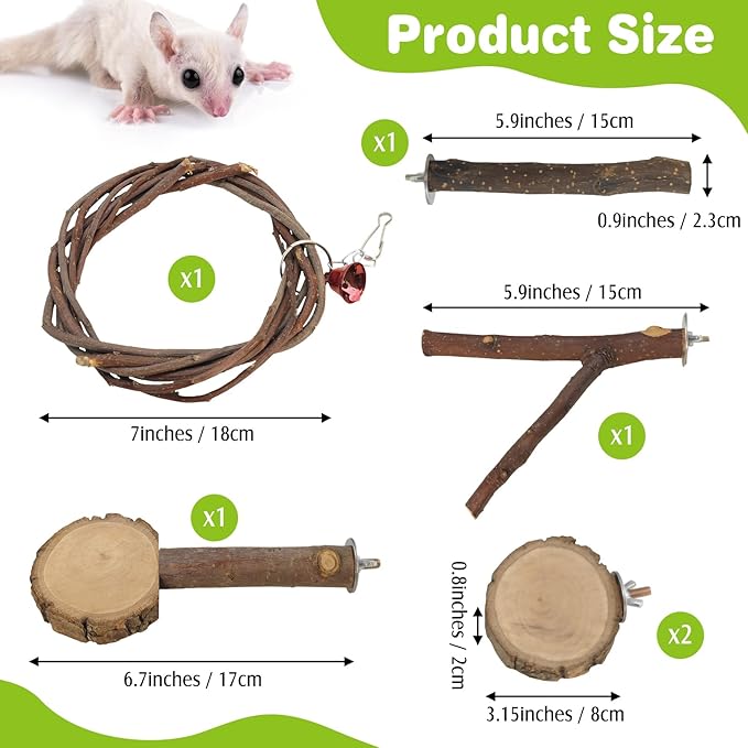 BNOSDM 6 Packs Wooden Sugar Glider Cage Accessories Rat Climbing Toys with Swing, Perch Stands & Platforms, Small Animal Habitat Decor for Chinchilla, Squirrel, Gerbil, Hamster