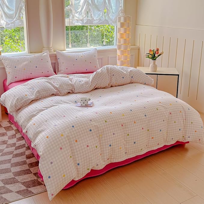 BlueBlue Pink Grid Duvet Cover Set Queen 100% Cotton Soft Lightweight Gauze Bedding Rainbow Polka Dot on Plaid 1 Abstract Geometric Full Comforter Cover 2 Pillow Shams, Queen