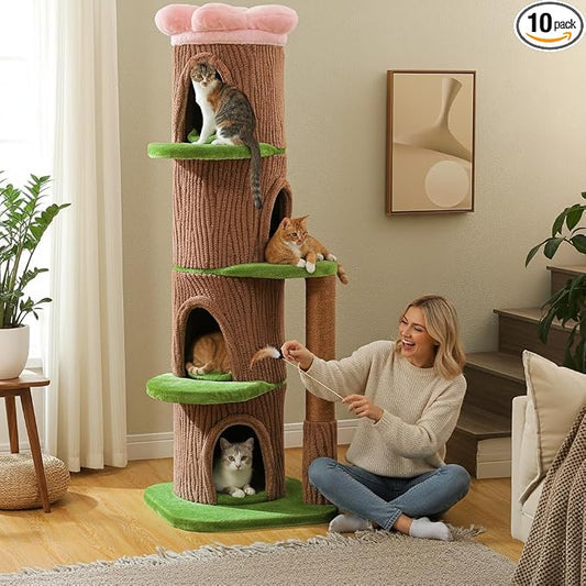 MUTTROS Forest Cat Tree with Flower Condos, Cute Tall Cat Tower with Scratching Posts & Padded Perch, Multi-Level Kitty Activity Center for Indoor Cats, Indoor Jungle Gym Furniture