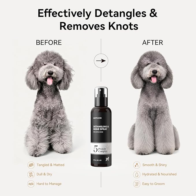 aumuca Dog Detangling & Shine Spray – Leave-in Conditioner & Dematting Spray for Doodles, Cats & Horses Without Buildup | 5-Protein Complex for Deep Repair & Enhanced Shine | 8 Fl Oz (Meadowfoam)