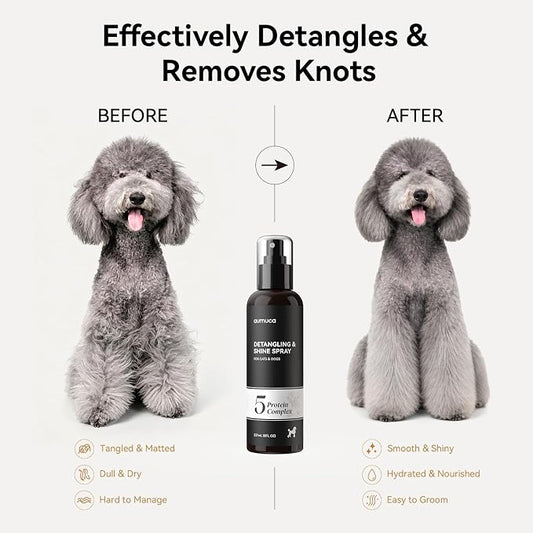 aumuca Dog Detangling & Shine Spray – Leave-in Conditioner & Dematting Spray for Doodles, Cats & Horses Without Buildup | 5-Protein Complex for Deep Repair & Enhanced Shine | 8 Fl Oz (Meadowfoam)