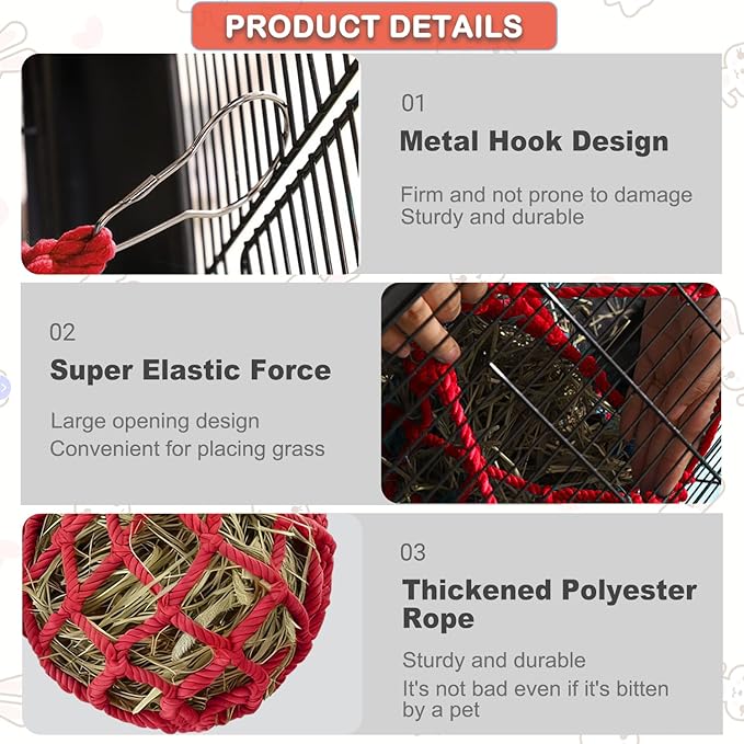 2Pcs Rabbit Hay Feeder Mesh Bags 13.5x11 Inch High-Capacity Hanging Bunny Hay Feeder for Guinea Pig Hamster Chinchilla Gerbils Small Pets and Animals Cage Accessories Supplies