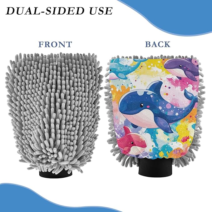 Car Wash Mitt Microfiber Wash Mitts for Car Washing Scratch-Free Cleaning Gloves Soft Non Absorbent Chenille Auto Hand Mitt Medium 2Pack Tie Dye Whales and Fishes