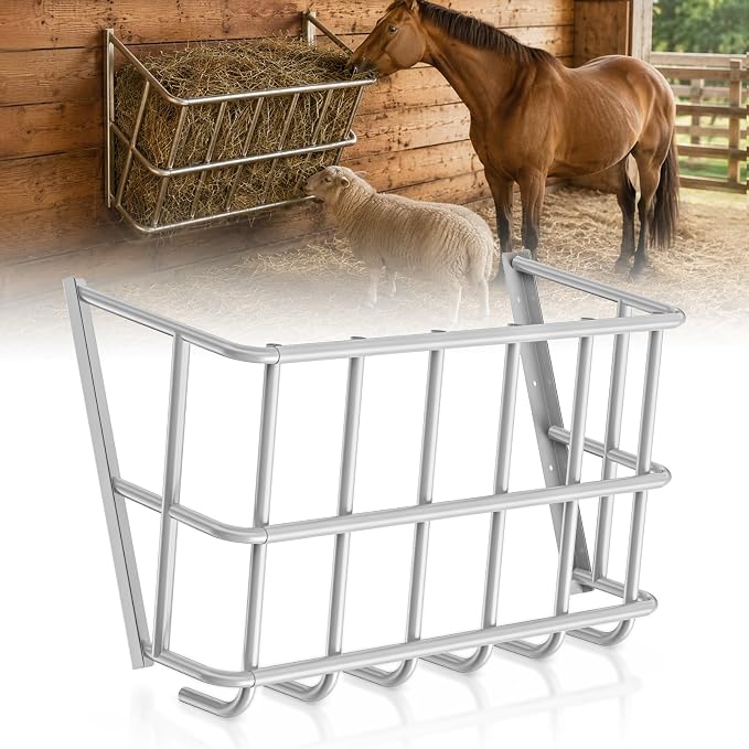 20 Gallon Wall Mount Hay Feeder, Metal Hay Rack for Goats and Horses | Galvanized steel, livestock feeding rack, barn stall feed holder, space-saving, rounded edges, easy install