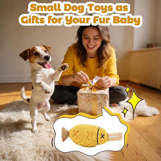 Grilled Fish Skewer Hide & Seek Plush Toy for Small Dogs & Puppies: Treat Dispensing Pocket, Squeaker and Crinkle Sounds, Tear-Resistant Chew for Aggressive Chewers