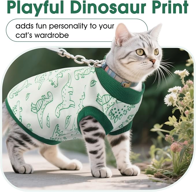 DENTRUN Sleeveless Cat Vest, Dinosaur Print & Ultra-Soft Dralon Fleece | Breathable, ultra-soft Dralon fleece, dinosaur print, sleeveless for freedom, all-season indoor/outdoor wear, XS-XXL sizes