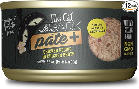 Tiki Cat After Dark Pate+, Chicken Recipe in Chicken Broth, with High Moisture Broth for Optimal Hydration, Wet Canned Cat Food, 2.8 oz. Can (12 Count)
