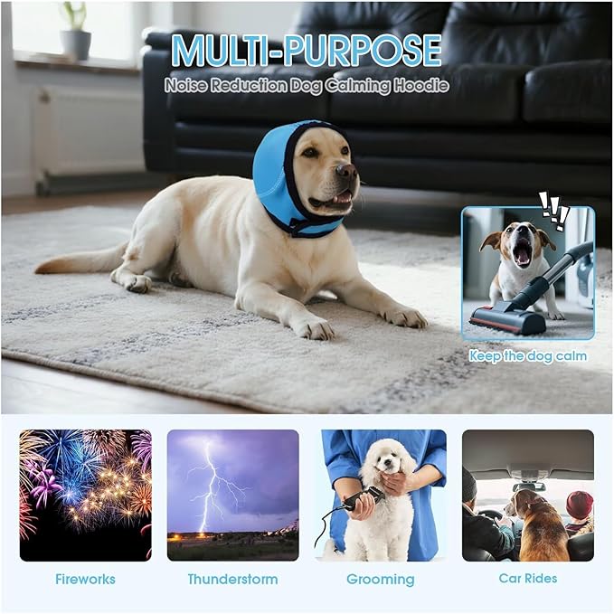 Dog Calming Hoodie,Waterproof Pet Calming Hood for Swimming Bathing,Anxiety Relief & Noise Protection,Adjustable Dog No Shake Ear Wraps for Firework,Grooming,Thunderstorms,Separation,Blue,S