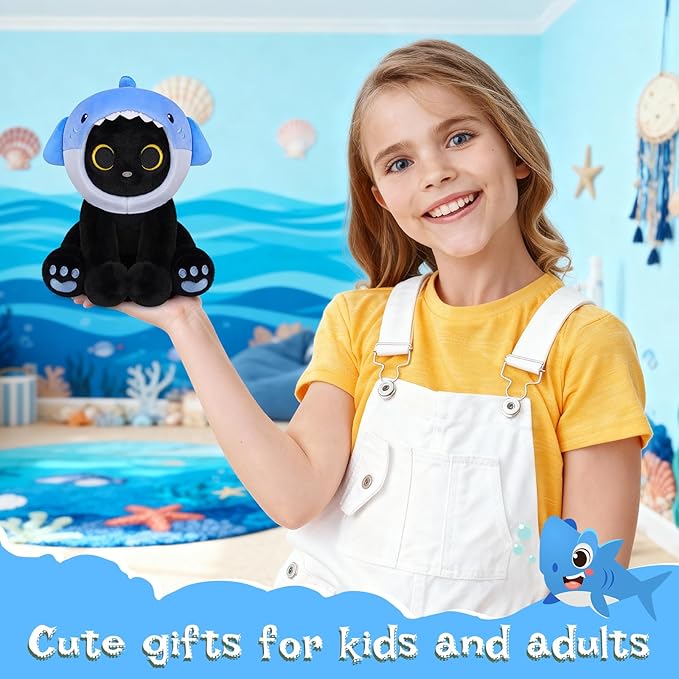 Shark Plush Stuffed Cat, 8inches Black Cat Plush with Blue Shark Hood Removable, Cute Plushies Kawaii Cat Stuffed Animal Doll Toy Valentines Day Gifts for Kids Boys Girl