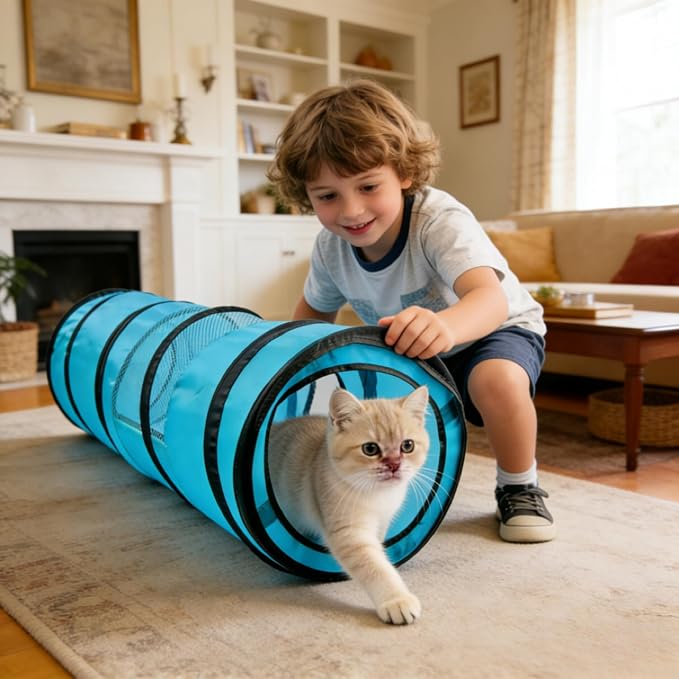 PAWISE Cat Tunnel for Indoor Cats, Collapsible Interactive Cat Toy Tube with Peek Hole, Foldable Pet Play Tunnel for Kittens Rabbits Small Animals, 10.5x34.5 Inches