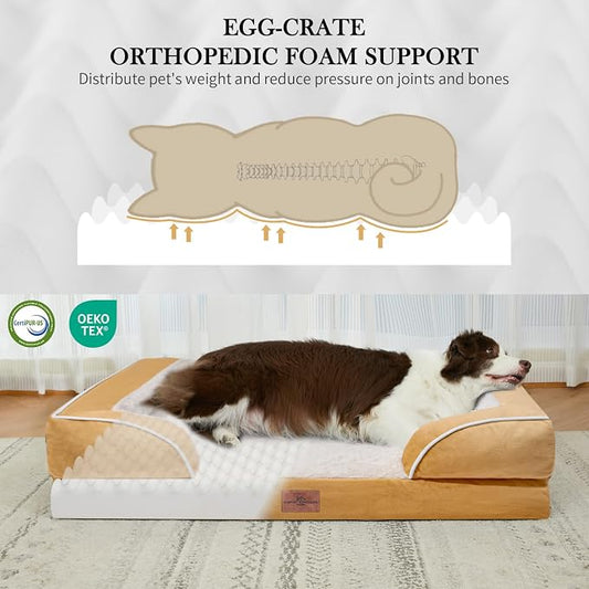 Comfort Expression Orthopedic Dog Bed for Extra Large Dogs with Bolster | Waterproof Dog Couch Bed with Washable Cover & Non-Slip Bottom, Supportive Egg Crate Foam Big Dog Bed, 53x42Inch