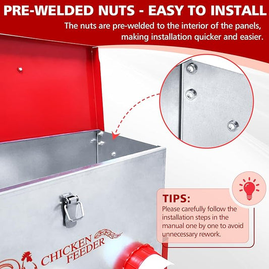 Chicken Feeder, 6 Feeding Ports, 35lbs Capacity Metal Feed Box with Handle and Feeding Lid, Automatic Chicken Feeders No Waste