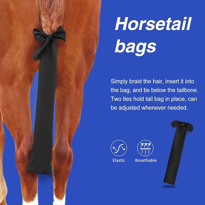 Harrison Howard Stretchy Tail Bag Breathable Horse Tail Guard Slip on Design Protect Horse Tail 2 Strand Closure Straps Keep Tail Clean & Protected 22" L Length Makes Grooming Easy-Classic Black