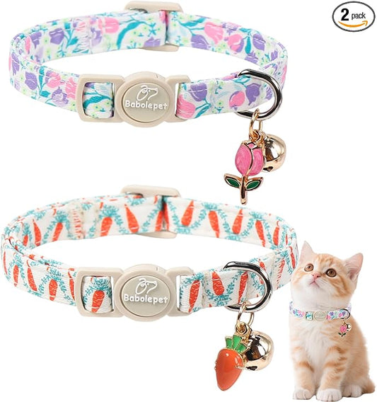 2 Pack Cute Cat Collars - Playful Carrot & Floral Printe Soft Breakaway Cat Collar with Bell & Matching Pendant, Adjustable Spring Summer Kitten Collars for Boy Girl Cats