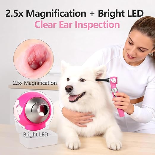 Pocket Veterinary LED Otoscope - Pet Ear Scope with Light for Dogs & Cats, 6 Disposable Tips (4/6/9mm), Portable Ear Infection Detector (Pink)