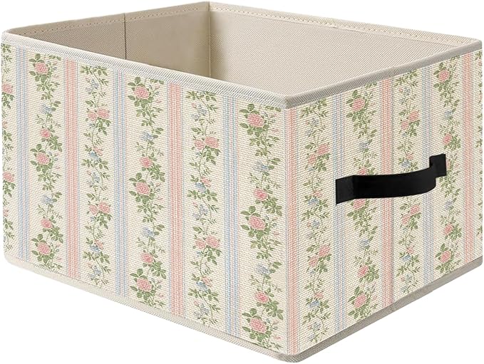 Pink and Blue Striped Striped Rose Floral Storage Bins, Grandmillennial Shabby Chic Flower Foldable Closet Organizers Storage Basket Toybox for Girls Room Dorm Clothes Bed Sheets Blankets Toys