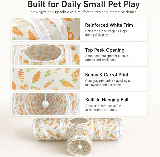 Rabbit Tunnel Toy, Collapsible 3-Way Hideout Tunnel with Chew Toys for Rabbits, Guinea Pigs, Ferrets, Kittens & Small Pets - Orange & White Carrot Design (33"x20"x9.5")