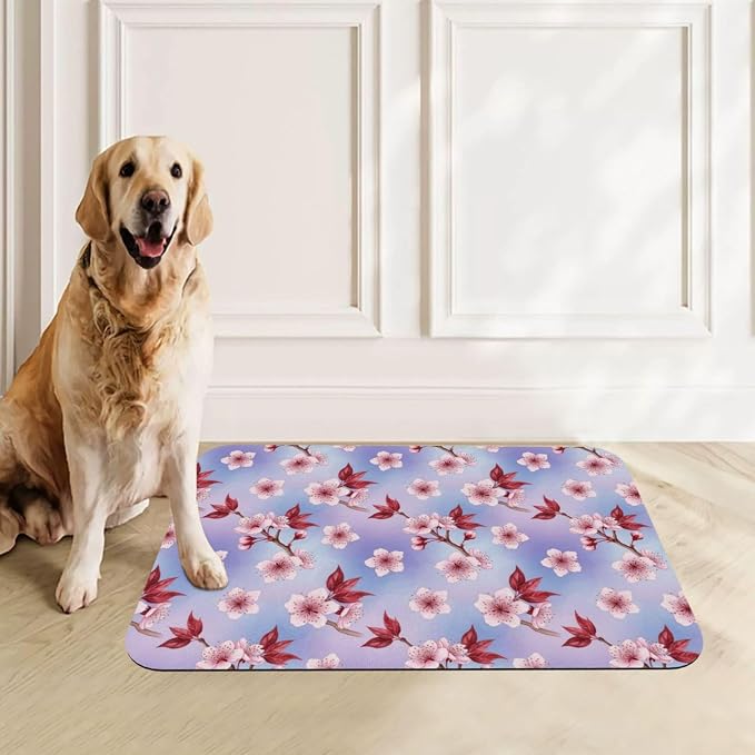 Pet Feeding Mat Watercolor Blossom Japanese Cherry Flower Dog Mat for Food and Water Bowl