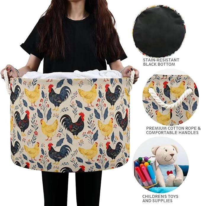 Chicken Rooster Print Round Storage Basket Hen Flower Large Laundry Hamper 20 x 20 x 14 Inches Organizer Bin with Cotton Rope Handles Clothes Storage Bag for Nursery Bedroom Living Room Decor