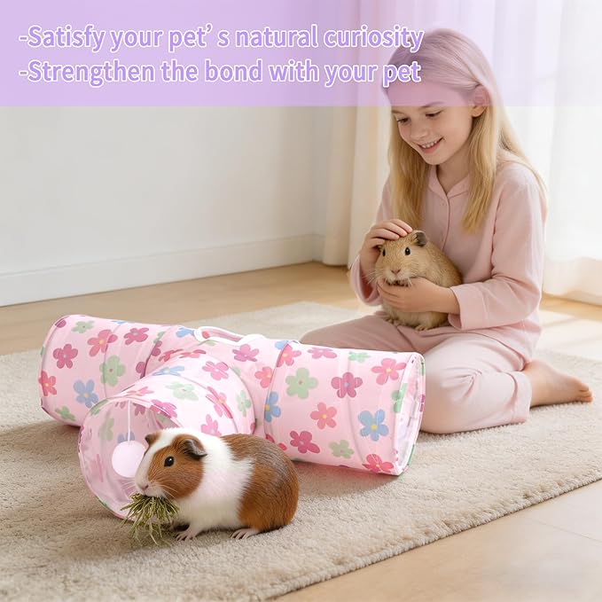 Rypet 3-Way Guinea Pig Tunnel, Collapsible Small Animal Enrichment Toy with Ball, Foldable Rabbit & Hamster Tunnel for Boredom Relief, Washable, Indoor/Outdoor Play