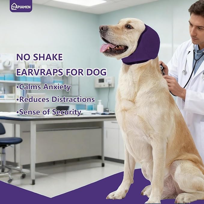 Dog Ear Cover for Hematoma,Bathing,Grooming,Drying,Fashion No Shake Ear Wraps for Dogs Ear Muffs Noise Protection Anxiety Relief,Waterproof Dog Calming Hoodie Shower Cap(Purple,S)