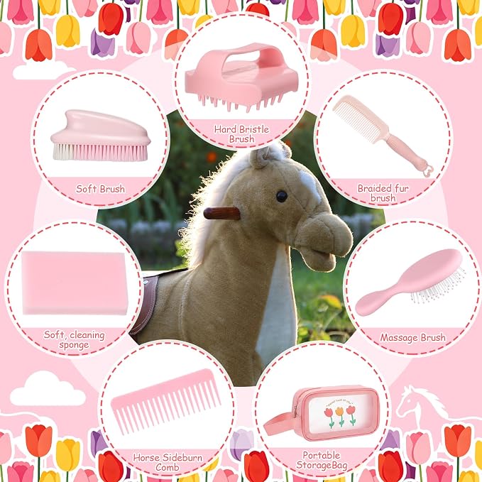 7 Pcs Hobby Horse Grooming Kit Pony Accessories Care Set with Storage Bag Brushes Combs & High-Density Sponge for Plush & Long Mane Care - Pink Nordic Style