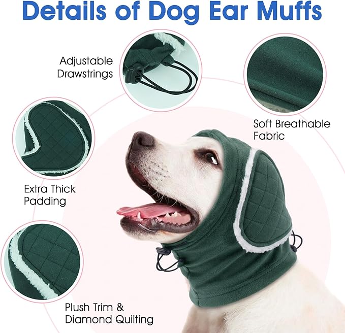 Dog Ear Cover, Dog Ear Muffs Noise Protection & Anxiety Relief, Adjustable Ear Calming Hoodie with Thick Padding, Soft Dog Ear Wrap for Fireworks, Drying, Grooming, Travel (Green, S)