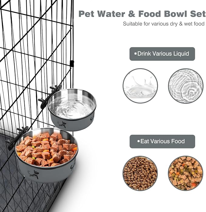 Dog Crate Bowls Hanging No Spill, Set of 2 Dog Crate Water Bowl, Mountable Stainless Steel Pet Cage Accessories Feeder Crate Water Food Dish Coop Cup for Cat Puppy Bunny Guinea Pig Ferret