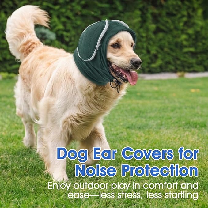 Dog Ear Cover, Dog Ear Muffs Noise Protection & Anxiety Relief, Adjustable Ear Calming Hoodie with Thick Padding, Soft Dog Ear Wrap for Fireworks, Drying, Grooming, Travel (Green, S)