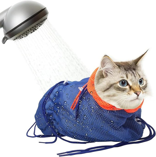 Cat Bathing Bag, Catcan Anti Scratch Cat Washing Bag Breathable Mesh Adjustable Grooming Shower Bags for Nail Trimming