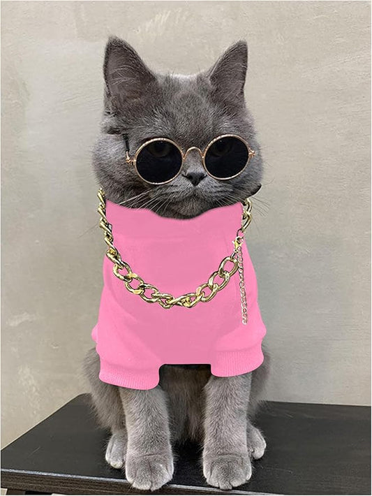 QWINEE 3Pcs Dog Hoodie Cat Apparel Dog Custume Set with Necklace and Sunglasses Pet Clothes for Puppy Small Medium Dogs Cats Light Pink XX-Small