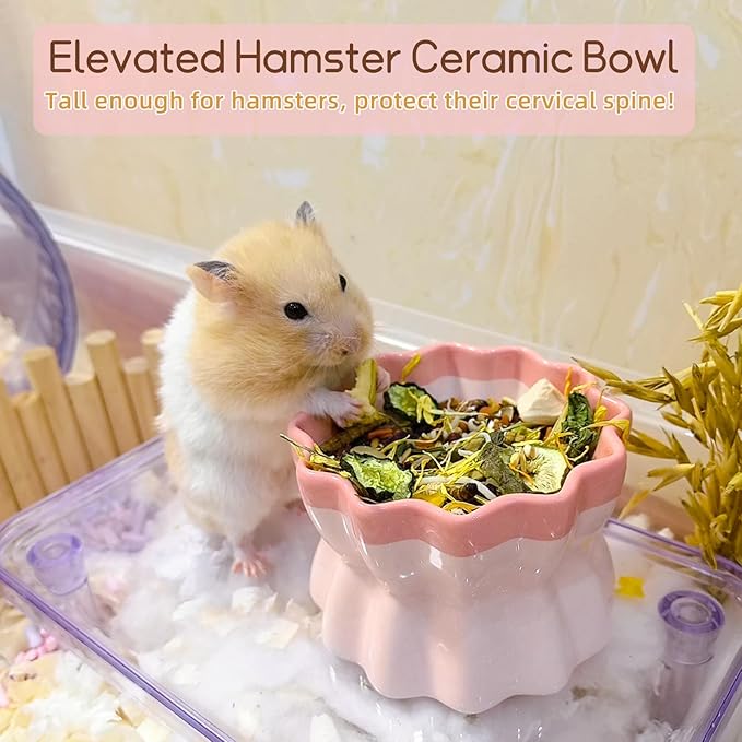 Ceramic Hamster Food Bowl Elevated Hamster Bowl Non-Tip Rat Feeding Dish with Water Bottle for Dwarf Gerbil Mouse Mice Sugar Glider (Pink)
