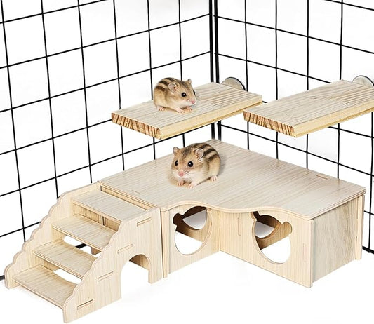 Hamster Hideout Multi-Chamber Hamster House Maze Tunnel Rat Cage Platform Stand Boards Habitats Decor Accessories for Gerbils Mice Lemmings (S)