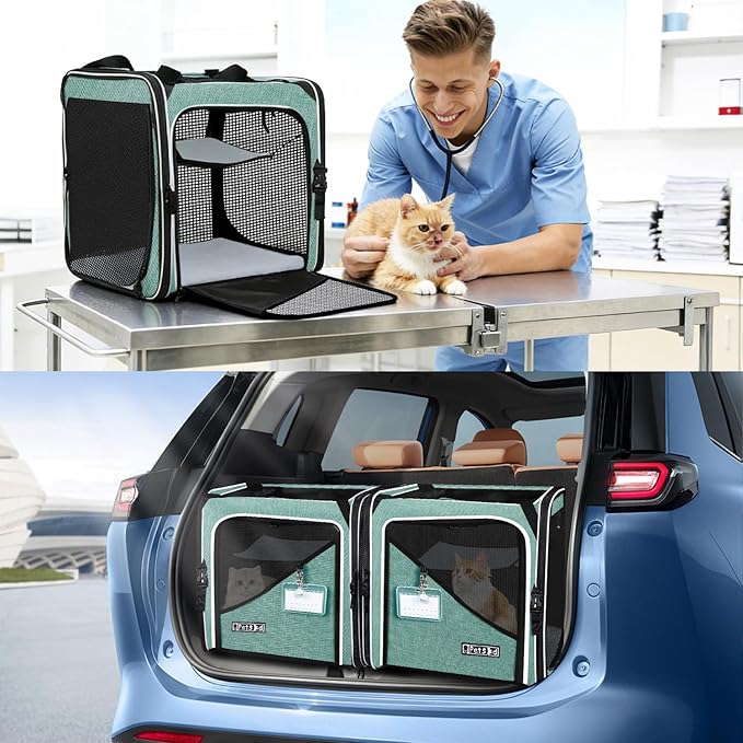 Petskd 2 in 1 Double Cat Car Travel Carrier with Litter Box, 38"x17"x18" Dual Extra Large Cat Carrier for Several Cats, Portable Cat Carrier with Zipper Locks for Longer Road Trips (Green)