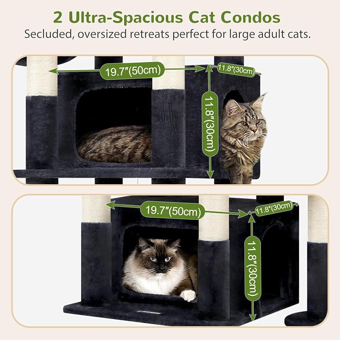 Globlazer Cat Tree for Large Cats, 75in Tall Multi-Level Heavy Duty Cat Tower for Indoor Cats with Extended Platform, 2 Spacious Condos, 2 Padded Perches, 6 Sisal Scratching Posts, S75, Dark Grey