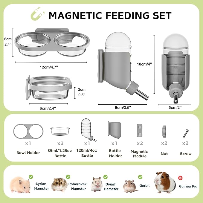 Magnetic Hamsters Feeding Set Freestanding Water Bottle Food Bowl for Glass Tanks, Suitable for Syrian Dwarf Hamsters Gerbils Mice Rats Degus (Gray, Magnetic-Mounted)