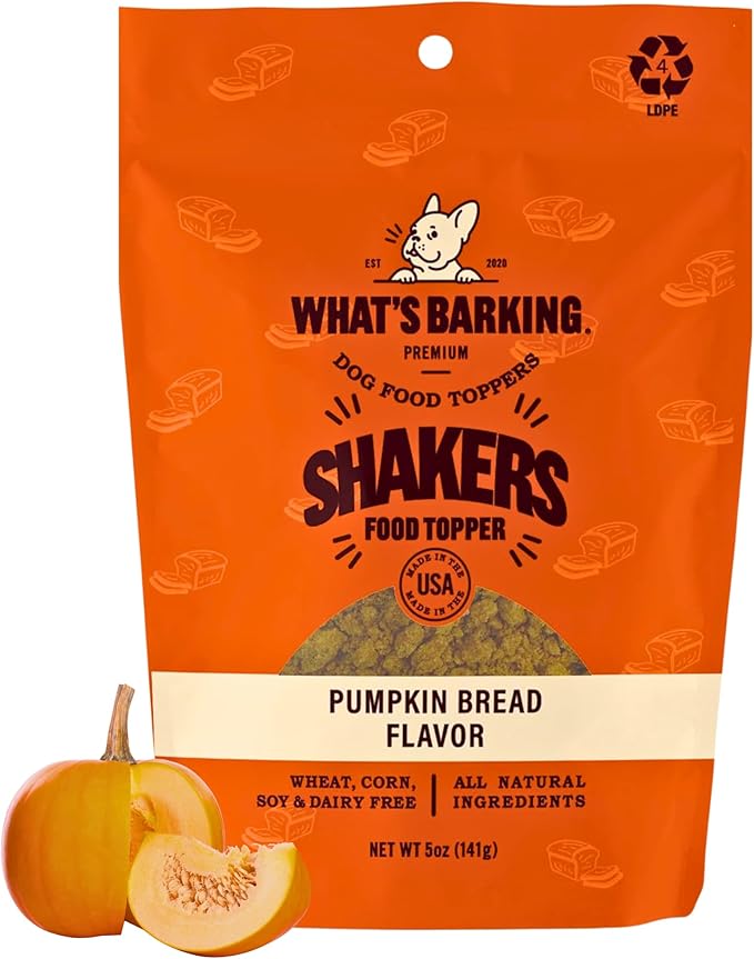 What's Barking Shakers Meal Toppers, Dog Treat Crumbles for Food Topping, Pet Essentials, Sprinkle Topper for Kibble or Wet Food, Made in USA, Resealable Bag, Pumpkin Bread Flavor, 5 oz