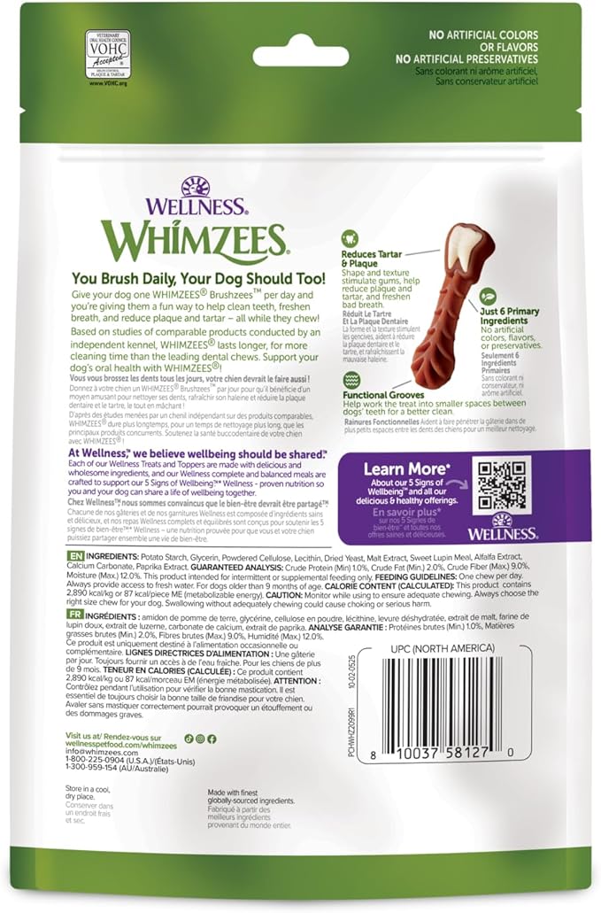 Wellness WHIMZEES Brushzees Dog Dental Treat, VOHC Accepted Chews, Freshens Breath, Medium Size, 4.2 oz Bag, 4 Count