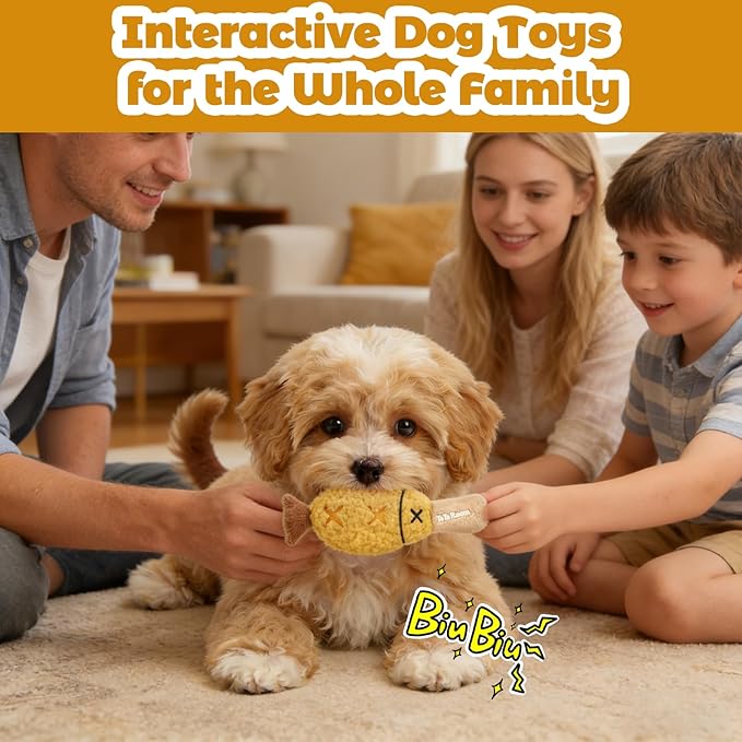 Grilled Fish Skewer Hide & Seek Plush Toy for Small Dogs & Puppies: Treat Dispensing Pocket, Squeaker and Crinkle Sounds, Tear-Resistant Chew for Aggressive Chewers