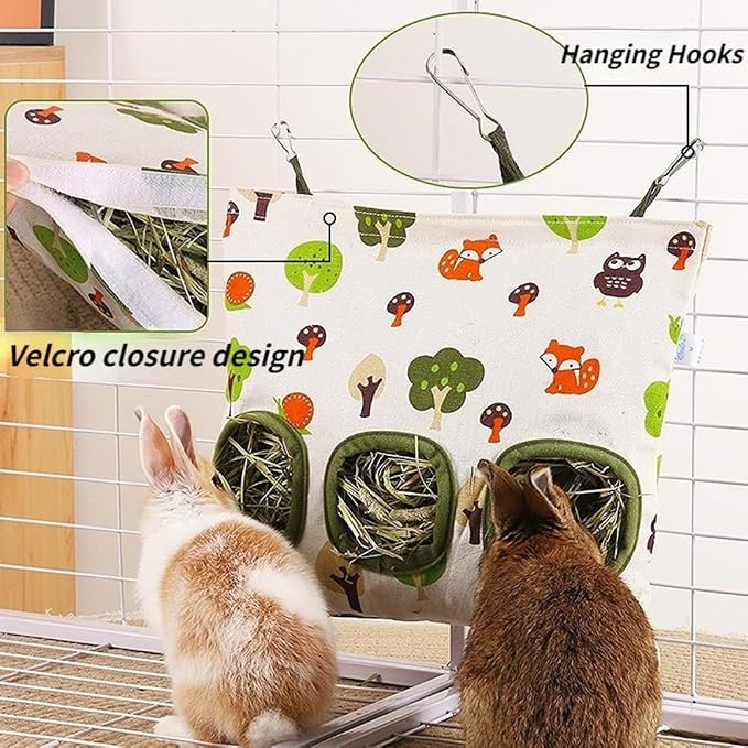 Rabbit Hay Feeder Bag for Cage Guinea Pig Timothy Hay Dispenser Storage Manger Hanging Large Less Waste for Bunny Guinea Pig Chinchilla (Forest Owl,Small)