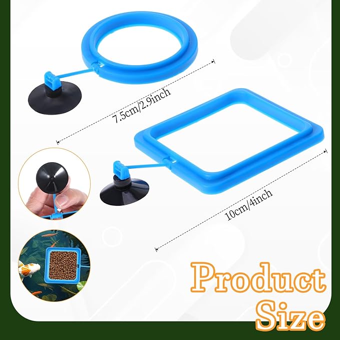 2 Pcs Fish Feeding Ring, Aquarium Feeding Ring Turtle Tank Accessories Automatic Square and Round Floating Food Feeder with Suction Cup for Betta Guppy Goldfish (Blue)