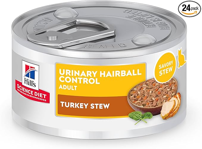 Hill's Science Diet Adult Urinary & Hairball Control Wet Cat Food, Turkey & Vegetable Stew, 2.9 oz. Cans, 24-Pack