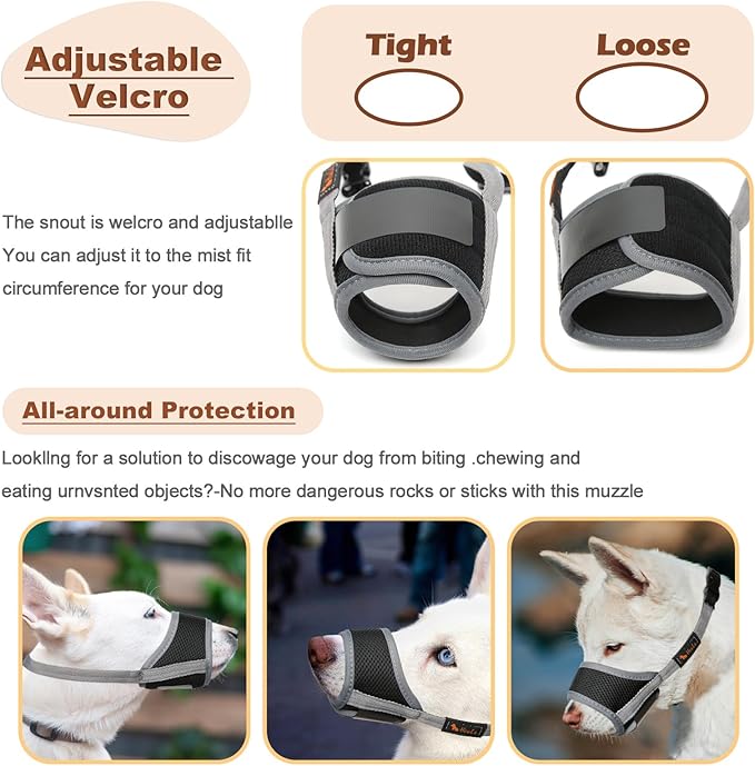 HEELE Dog Muzzle,Soft Nylon Muzzle Anti Biting Barking Chewing,Air Mesh Breathable Drinkable Adjustable Loop Pets Muzzle for Small Medium Large Dogs 4 Colors 4 Sizes (Gray, S)