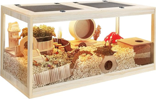 PROLEE Hamster Cage with Metal Mesh Top, Chewproof Wooden Guinea Pig Cages, Mice and Rat Habitat,Large Hamster Cages with Acrylic Sheets Solid Built (32X16X16 Inch)