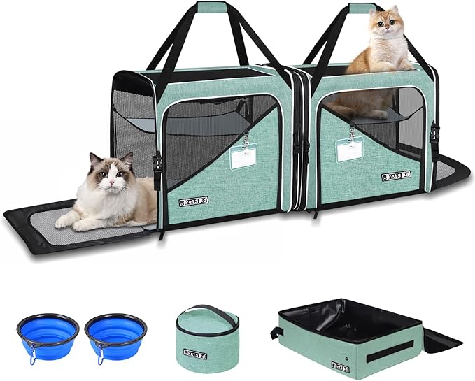 Petskd 2 in 1 Double Cat Car Travel Carrier with Litter Box, 38"x17"x18" Dual Extra Large Cat Carrier for Several Cats, Portable Cat Carrier with Zipper Locks for Longer Road Trips (Green)