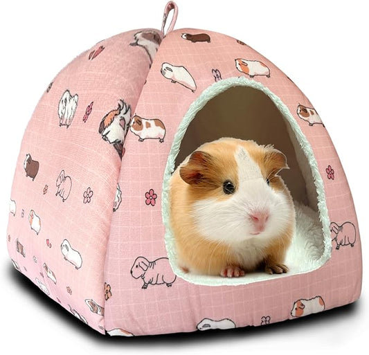 Guinea Pig Hideout Bed 11.8-Inch Cube - Cozy Small Animal House for Guinea Pigs, Chew-Proof Hideaway with Ventilation (Pink, Adorable Guinea Pig Print)
