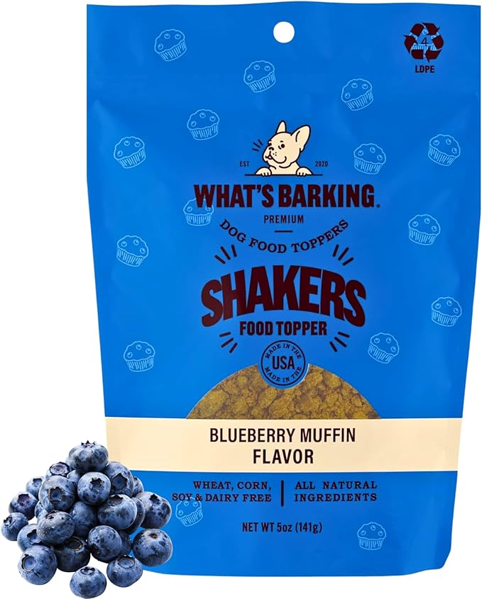 What's Barking Shakers Meal Toppers, Dog Treat Crumbles for Food Topping, Pet Essentials, Sprinkle Topper for Kibble or Wet Food, Made in USA, Resealable Bag, Blueberry Muffin Flavor, 5 oz
